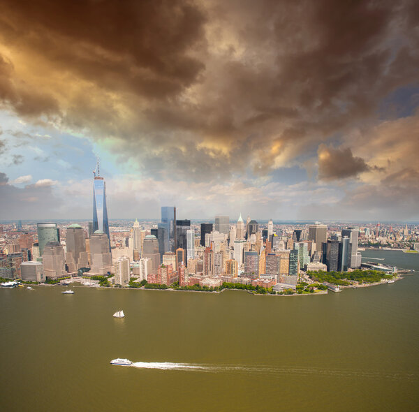 Sunset over New York City. Manhattan view from helicopter.