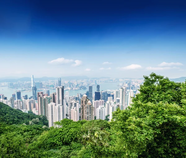 Vista panorámica del paisaje urbano de Hong Kong en un hermoso día soleado — Foto de Stock