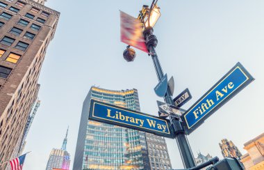 Library way and Fifth avenue street signs in New York City clipart