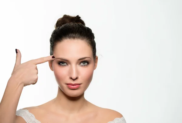 Brunette woman suicide gesture — Stock Photo, Image