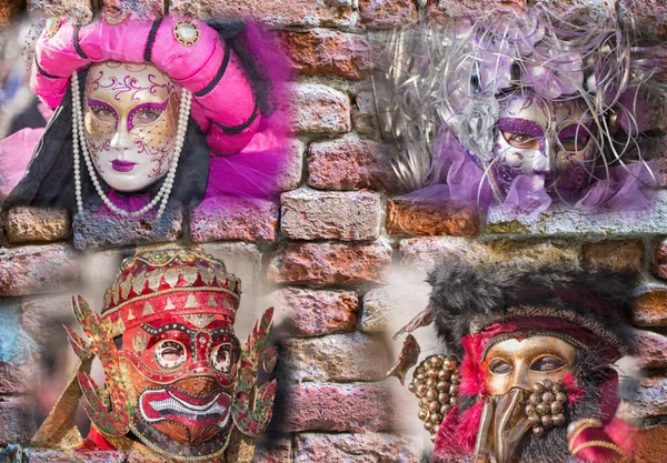 Brick wall with Venice Masks composition — Stock Photo, Image
