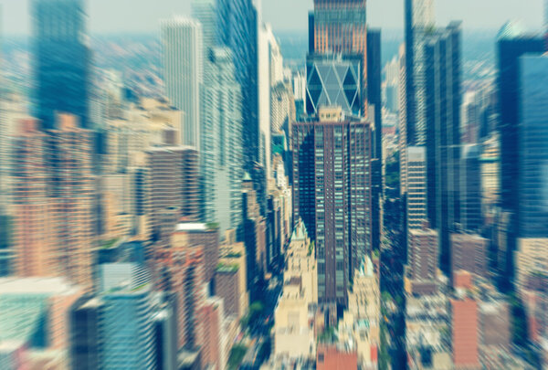 Skyscrapers. Midtown Manhattan helicopter blurred view.