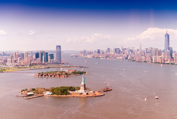 Statue of Liberty and Lower Manhattan and Jersey City skyline, aerial view