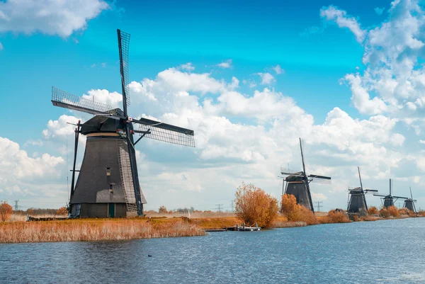 Molinos de viento holandeses con reflejos del canal en Kinderdijk, Países Bajos —  Fotos de Stock