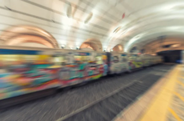 Blurred view of fast moving train in Rome subway — Stock Photo, Image