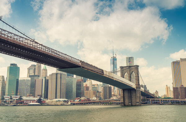The Brooklyn Bridge and Downtown Manhattan, New York City skyline.