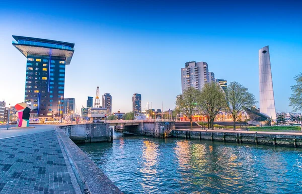 Rotterdam é uma cidade definida pela arquitetura moderna - Night skyli — Fotografia de Stock