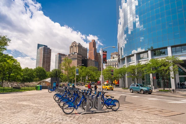 NEW YORK - JUN 14: New blue Citi Bikes lined up in Downtown Manh