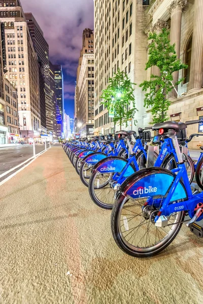 Nuevas bicicletas de ciudad azul alineadas — Foto de Stock