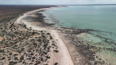 Aerial drone view of Hamelin Pool in Western Australia showing stromatolites and turquoise waters.