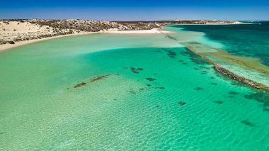 Coral Bay kıyı şeridinin insansız hava görüntüsü temiz mavi suları ve WA 'daki kumlu sahili gösteriyor..