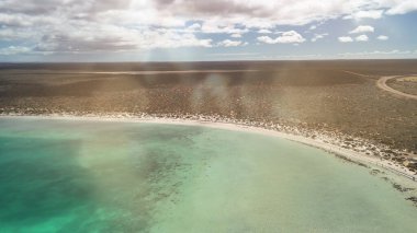 Aerial drone view of Little Lagoon near Monkey Mia Western Australia with turquoise circular bay.