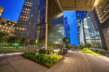 Manhattan 'da gökdelenleri ve gece manzarası olan yüksek şehir parkı geniş görüş alanına sahip..