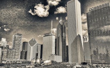 Millennium Park 'tan Chicago gökdelenlerinin nefes kesici yaz manzarası.