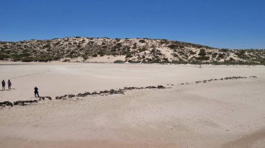 Batı Avustralya 'daki Mercan Körfezi ve sahil manzarası turkuaz okyanus ve beyaz kumla kaplı..