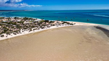 Aerial drone view of Monkey Mia coastline Western Australia with turquoise waters and sandy beaches.