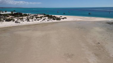 Scenic panorama of Monkey Mia WA captured from drone showing shallow bays and coastal scenery.