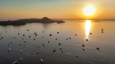 Aerial drone view of Padar Island at sunrise from Komodo National Park in Flores Indonesia.