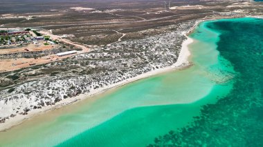 Batı Avustralya 'daki Mercan Körfezi ve sahil manzarası turkuaz okyanus ve beyaz kumla kaplı..