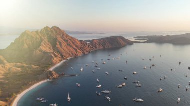 Aerial drone view of Padar Island at sunrise from Komodo National Park in Flores Indonesia.