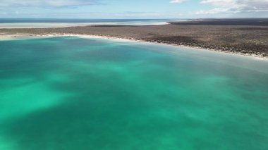 Aerial drone view of Little Lagoon near Monkey Mia Western Australia with turquoise circular bay.