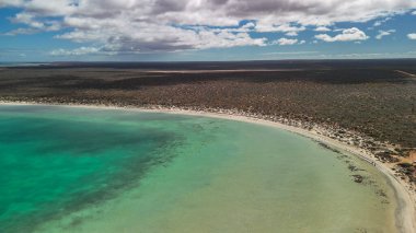 Scenic aerial panorama of Little Lagoon Shark Bay WA surrounded by desert and blue coastline.