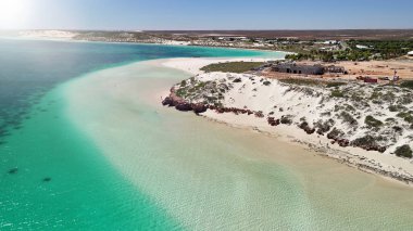 Batı Avustralya 'daki Mercan Körfezi ve sahil manzarası turkuaz okyanus ve beyaz kumla kaplı..
