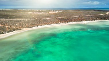 Aerial drone view of Little Lagoon near Monkey Mia Western Australia with turquoise circular bay.