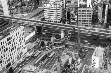 Tokyo, Japonya - 1 Haziran 2016: Günbatımında Shibuya 'nın modern binalarının havadan görünüşü.