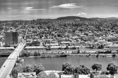 Portland, Oregon - 18 Ağustos 2017: Güneşli bir yaz gününde şehir caddelerinin ve binaların hava manzarası.