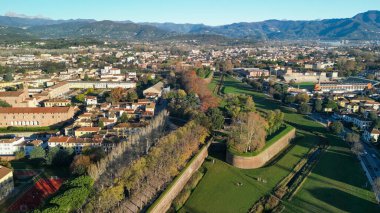Lucca ortaçağ kasabasının havadan görünüşü, Toskana - İtalya.
