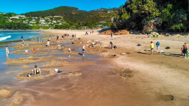 Sıcak Su Sahili 'nin havadan çekilmiş altın kumları ve Yeni Zelanda' daki jeotermal havuzları..