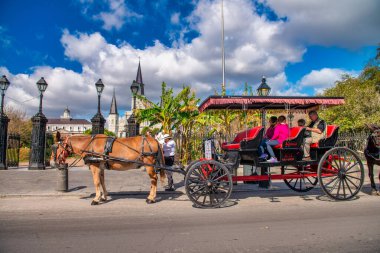 New Orleans, LA - 12 Şubat 2016: Geleneksel at arabası Jackson Square New Orleans 'ta popüler turistik merkezde çekildi.