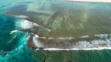 Ningaloo kıyısındaki istiridye yığınlarının turkuvaz suları ve kayalık oluşumlarıyla hava manzarası..