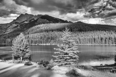 Banff Ulusal Parkı 'ndaki Jack Gölü' nde gün batımı renkli dağ manzarasını yansıtıyor.