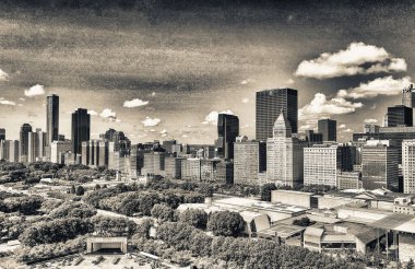 Chicago, IL - 25 Temmuz 2024: Harika bir yaz gününde Millennium Park 'tan Chicago' nun hava manzarası.