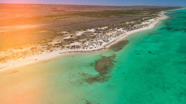 Ningaloo Batı Avustralya 'daki göl kıyılarının turkuaz suları ve kumlu kıyılarıyla hava manzarası..