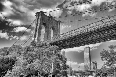 Iconic Brooklyn Köprüsü, Brooklyn Köprüsü Parkı 'ndan New York' ta yaz güneşinde görüldü..
