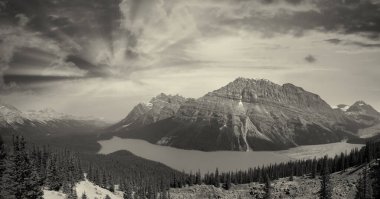 Peyto Gölü Alberta Panoramik Kanada Kayalıkları 'ndaki siyah beyaz manzara.