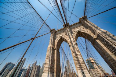 Brooklyn Köprüsü yürüyüş perspektifi kablolar ve New York kentsel manzarası.