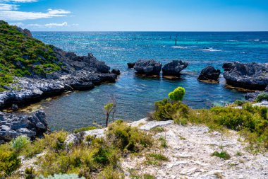 Rottnest Adası sahil şeridinin panoramik manzarası berrak suları ve güneş ışığında el değmemiş plajı gösteriyor..