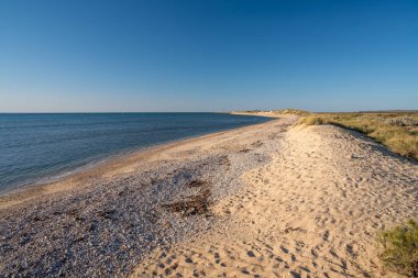 Batı Avustralya Bundegi Sahili manzaralı temiz su, kumlu plaj ve güneşli gökyüzü.