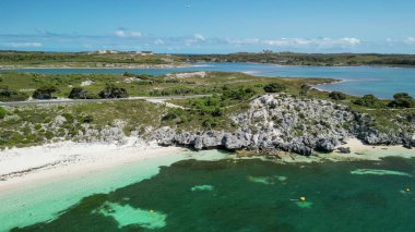 Rottnest Adası kıyı şeridi şeffaf su ve kumlu plajlarla manzaralı..