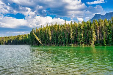 Banff Ulusal Parkı 'ndaki Jack Gölü' nde gün batımı renkli dağ manzarasını yansıtıyor.