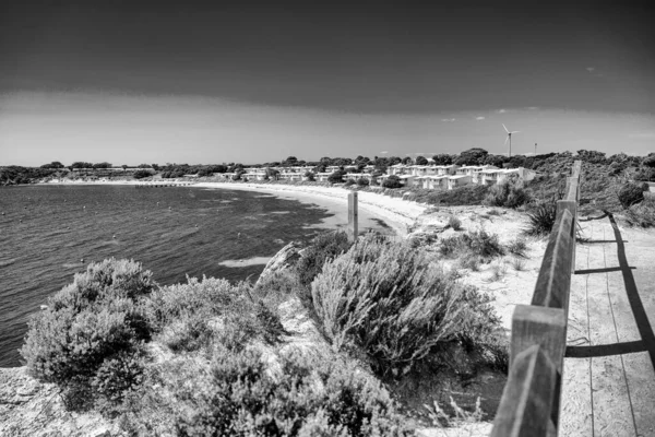 Rottnest Adası 'ndaki kumsalın turkuaz suları ve beyaz kumla manzarası..