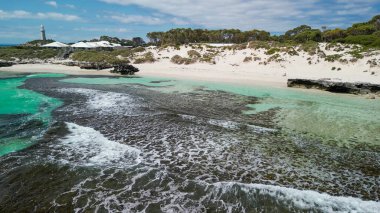 Rottnest Adası kıyı şeridi şeffaf su ve kumlu plajlarla manzaralı..