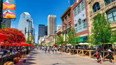 Calgary, Alberta - 10 Temmuz 2024: Güneşli bir günde Calgary şehir merkezinden gökdelenler