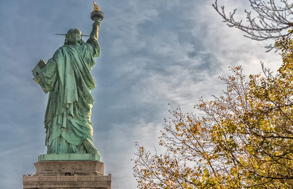 Vista trasera de la Estatua de la Libertad rodeada de árboles otoñales — Foto de Stock