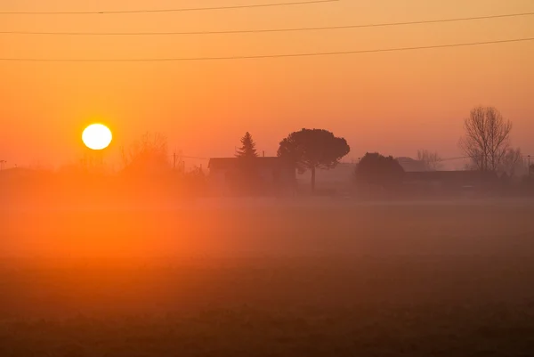 Восход солнца с туманом над сельской местностью — стоковое фото