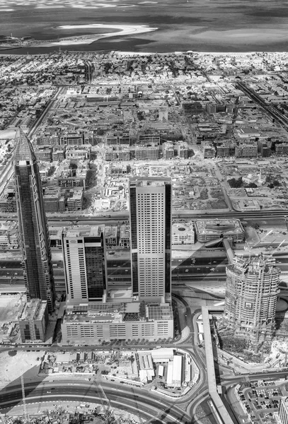 Black and white view of Dubai buildings, UAE